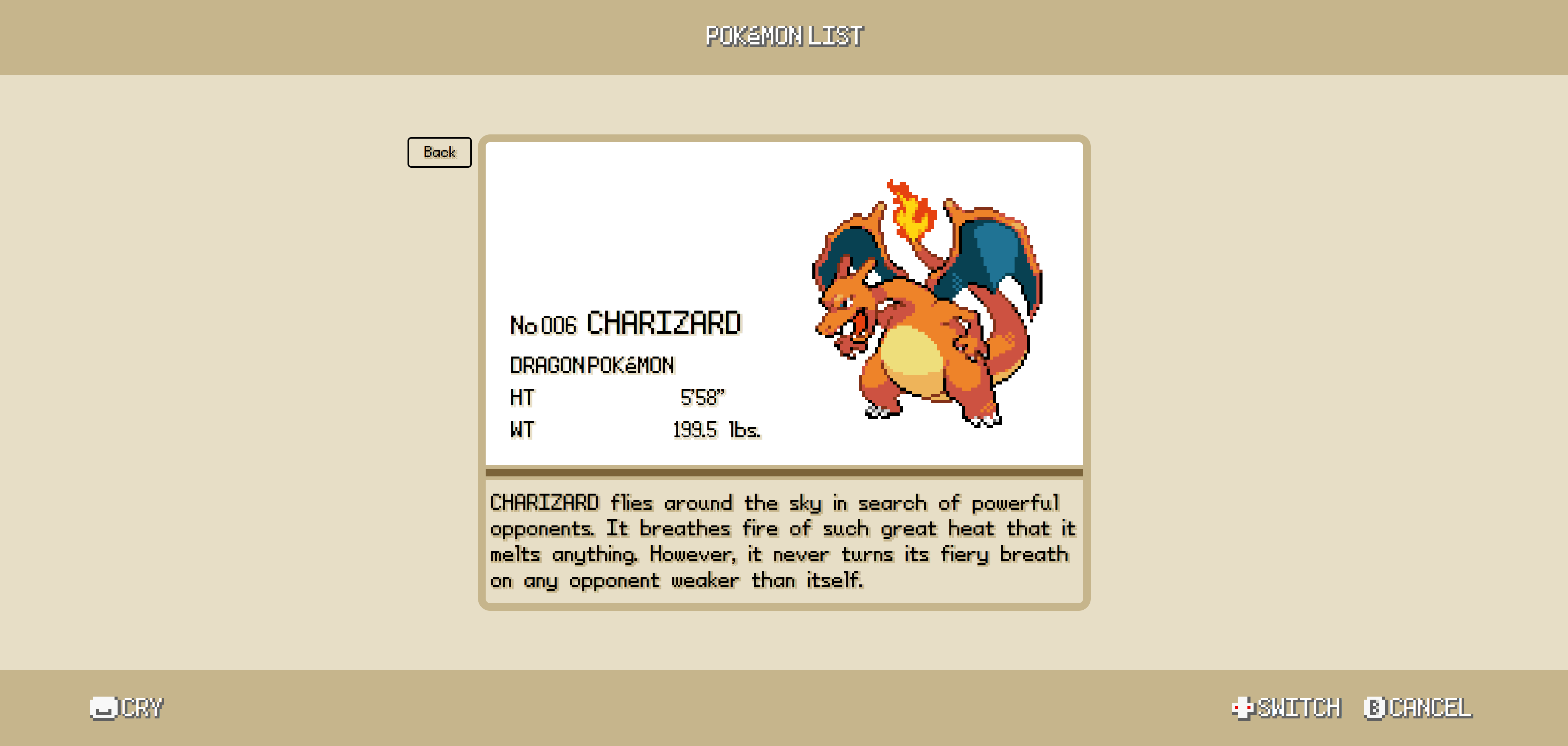 Description page of Charizard