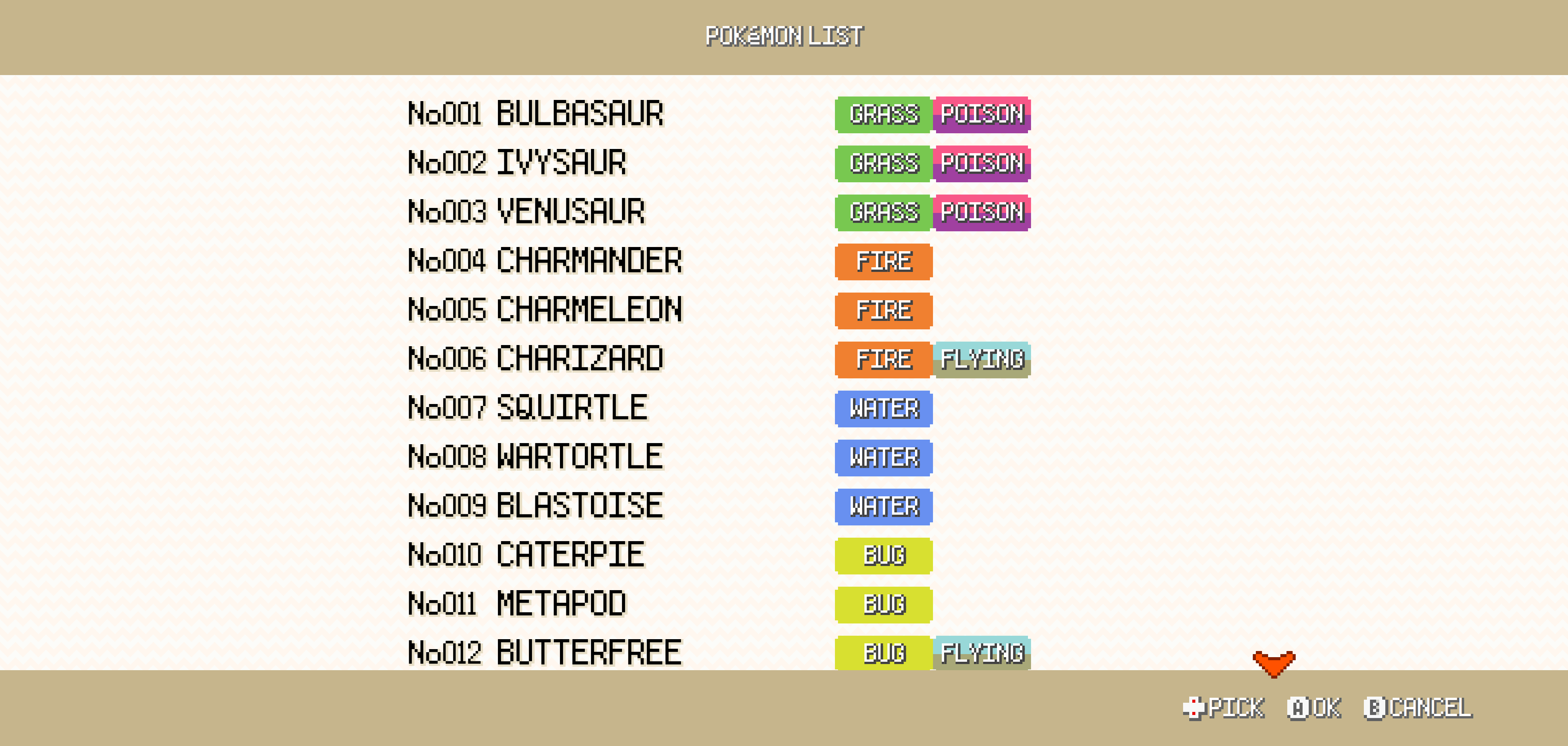 Pokemon list in the style of Pokemon Fire Red